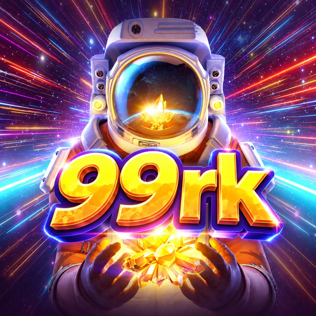 Visual game Galactic Gems di 99rk menampilkan astronaut memegang kristal berkilau di luar angkasa