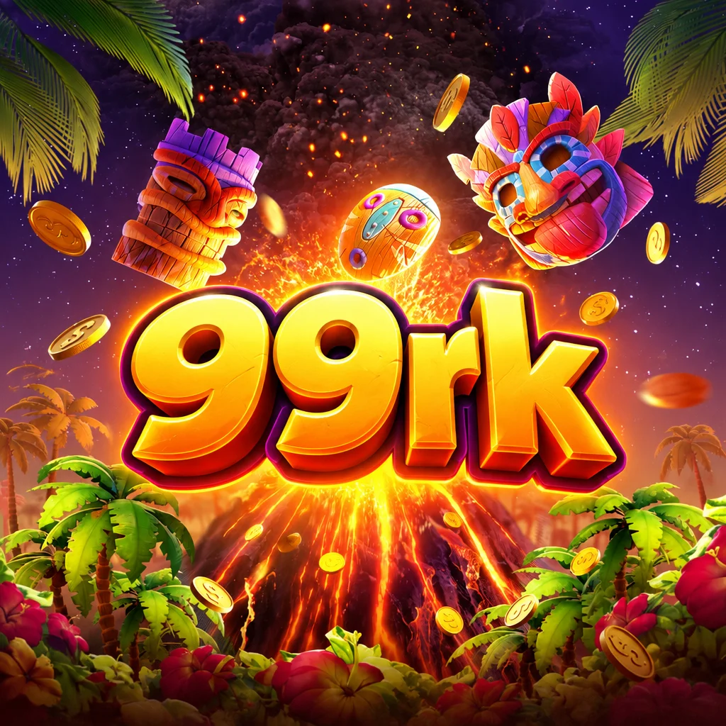 Visual game Hawaiian Tiki di 99rk dengan topeng tiki kayu dan latar belakang gunung berapi meletus
